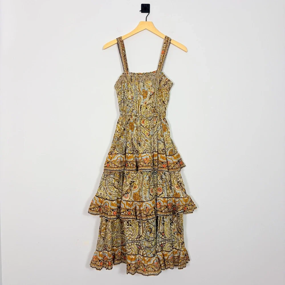 Cleobella Rosalie Midi Dress Kaleidoscope‎ Paisley Organic Cotton XS Boho Tiered